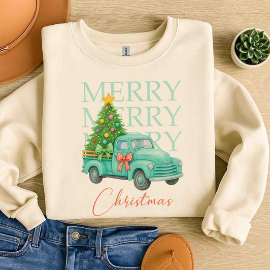 Pink Retro Merry Christmas Truck Coquette Tree Sweatshirt S-5XL