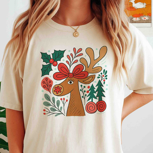 Retro Reindeer Boho Floral Christmas Preppy Holiday T-shirt S-5XL