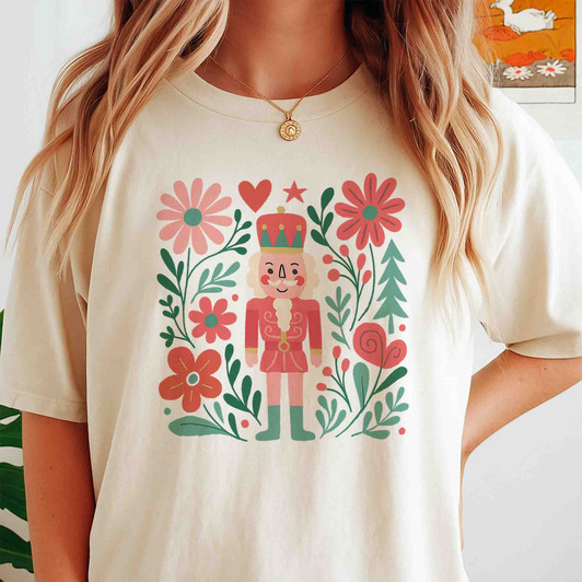 Boho Floral Nutcracker Holiday Christmas Preppy Festive T-shirt S-5XL