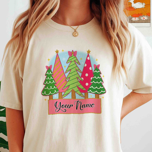 Girly Pink Christmas Coquette Tree Kids Name Xmas T-shirt S-5XL
