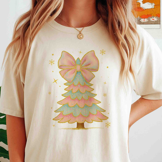 Iridescent Coquette Christmas Tree Girly Colorful Glitter Xmas T-shirt S-5XL