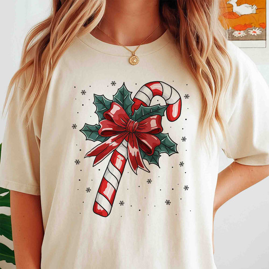 Candy Cane Christmas Holly Bow Holiday Cozy Winter Gift T-shirt S-5XL