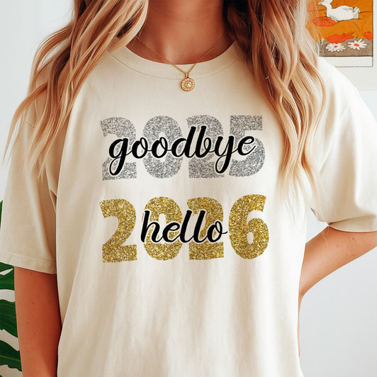 Goodbye 2025 Hello 2026 Glitter NYE Holiday Party Crewneck T-shirt S-5XL