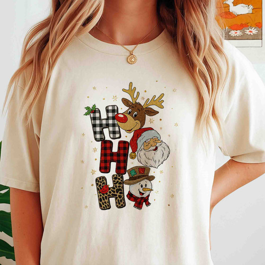 Ho Ho Ho Christmas Plaid and Leopard Holiday Crewneck Festive Reindeer T-shirt S-5XL