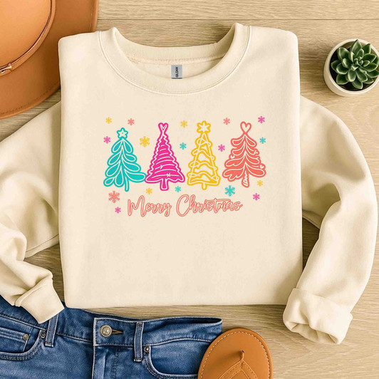 Merry and Bright Neon Christmas Tree Coquette Bow Sweatshirt S-5XL