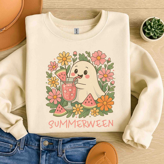 Summerween Ghost Floral Art Kawaii Watermelon Halloween Sweatshirt S-5XL
