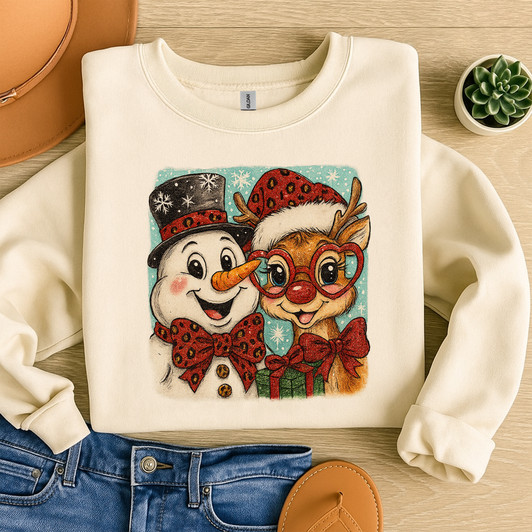 Christmas Snowman & Reindeer Preppy Holiday Brushstroke Sweatshirt S-5XL