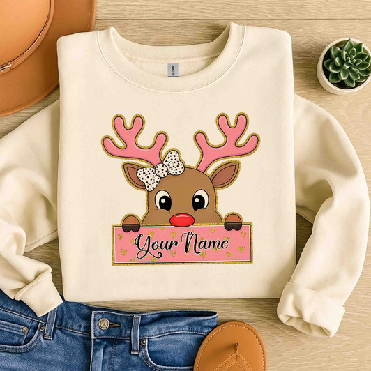 Glitter Coquette Pink Reindeer Kids Holiday Brushstroke Sweatshirt S-5XL
