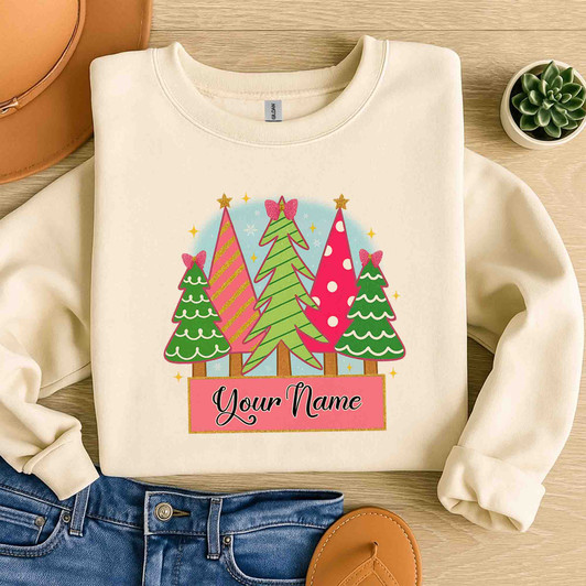 Girly Pink Christmas Coquette Tree Kids Name Xmas Sweatshirt S-5XL