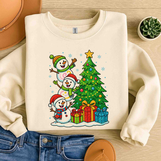 Three Snowmen Christmas Tree Cute Holiday Gifts Crewneck Sweatshirt S-5XL