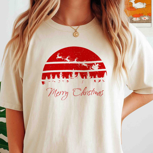 Merry Christmas Santa Sleigh Retro Sunset Winter Holiday Gift T-shirt S-5XL