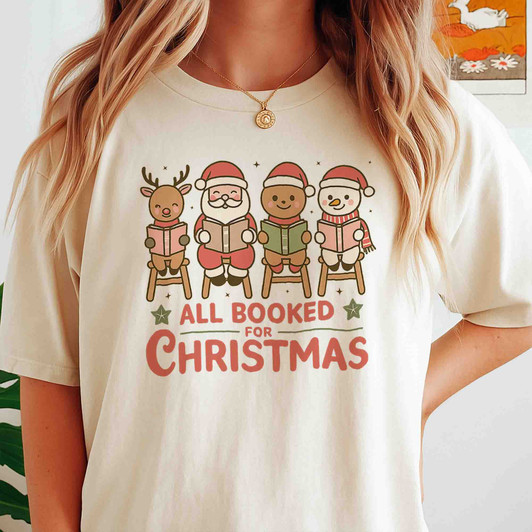 All Booked For Christmas Shirt, Cute Reading Santa Xmas Tee, Book Lover Christmas Shirt, Holiday Reading Shirt, Unisex Gift