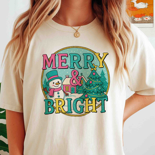 Merry And Bright Christmas Sweatshirt Snowman Tree Cute Holiday Unisex