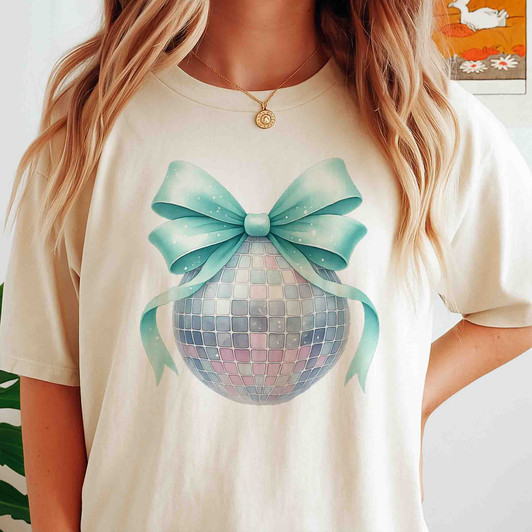 Disco Ball Bow T Shirt, Mint Ribbon Holiday Graphic Tee, New Year Party Unisex T-Shirt S-5XL