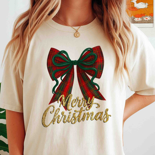 Plaid Bow Merry Christmas Shirt, Red Green Bow Holiday Tee, Festive Glitter Christmas T-Shirt S-5XL