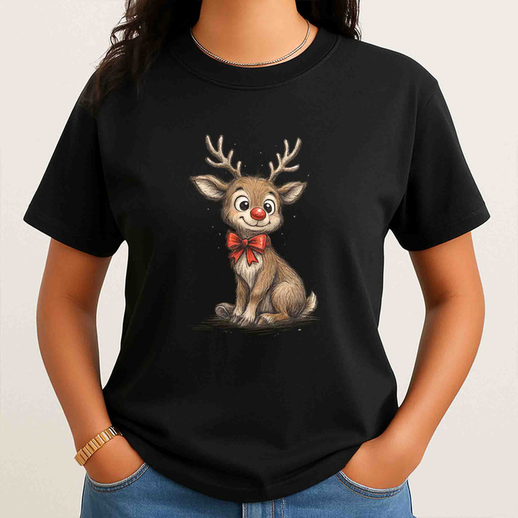 Cute Reindeer Christmas Shirt, Baby Deer Xmas Tee, Adorable Reindeer Bow Shirt, Holiday Graphic Tee, Unisex Christmas Gift
