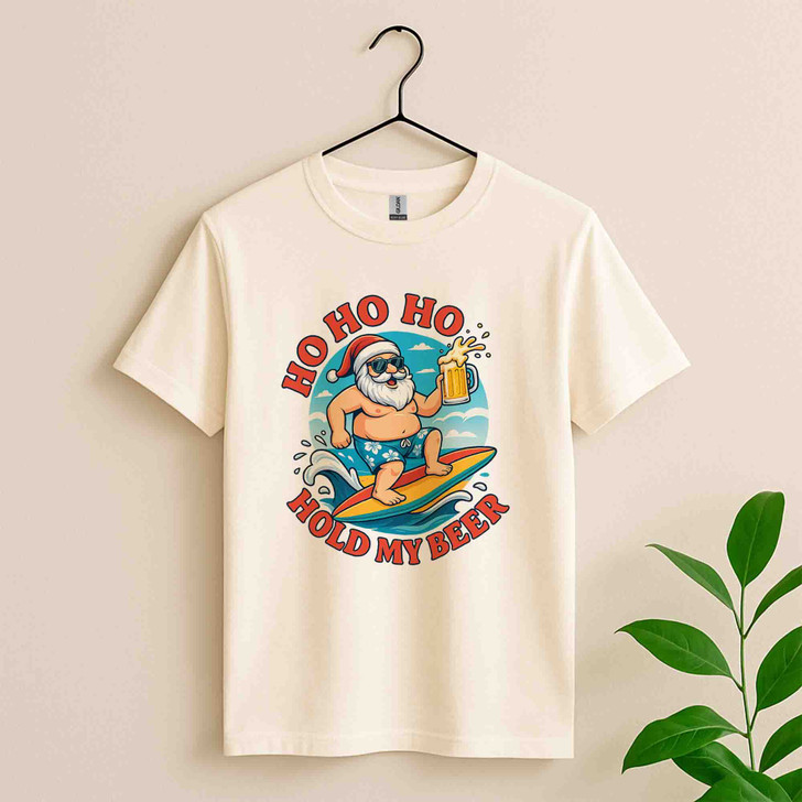 Funny Santa Surfing Shirt, Ho Ho Ho Hold My Beer Xmas T-Shirt S-5XL