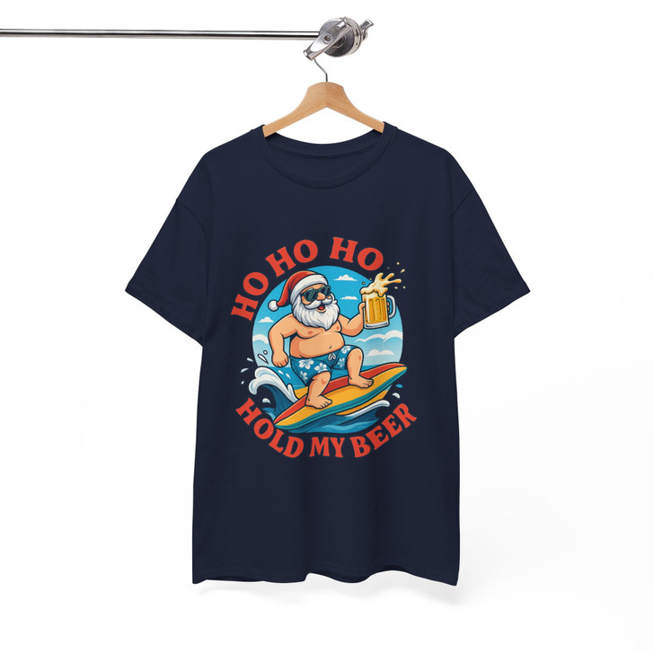Funny Santa Surfing Shirt, Ho Ho Ho Hold My Beer Xmas T-Shirt S-5XL