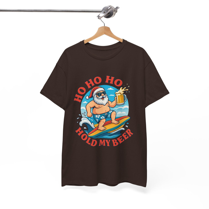 Funny Santa Surfing Shirt, Ho Ho Ho Hold My Beer Xmas T-Shirt S-5XL