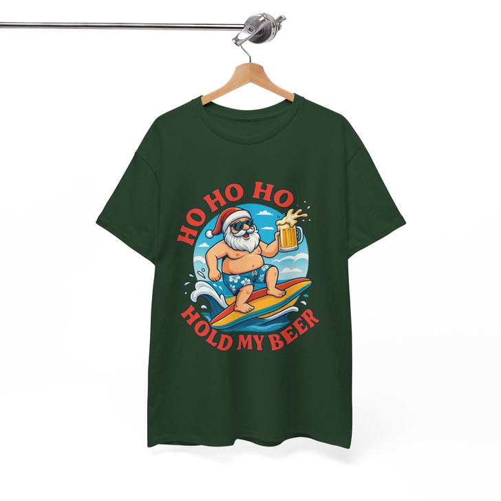 Funny Santa Surfing Shirt, Ho Ho Ho Hold My Beer Xmas T-Shirt S-5XL
