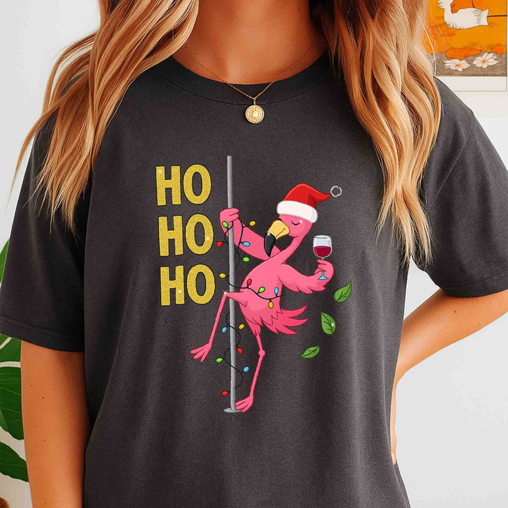 Ho Ho Ho Flamingo Christmas Shirt, Santa Flamingo Wine Tee T-Shirt S-5XL
