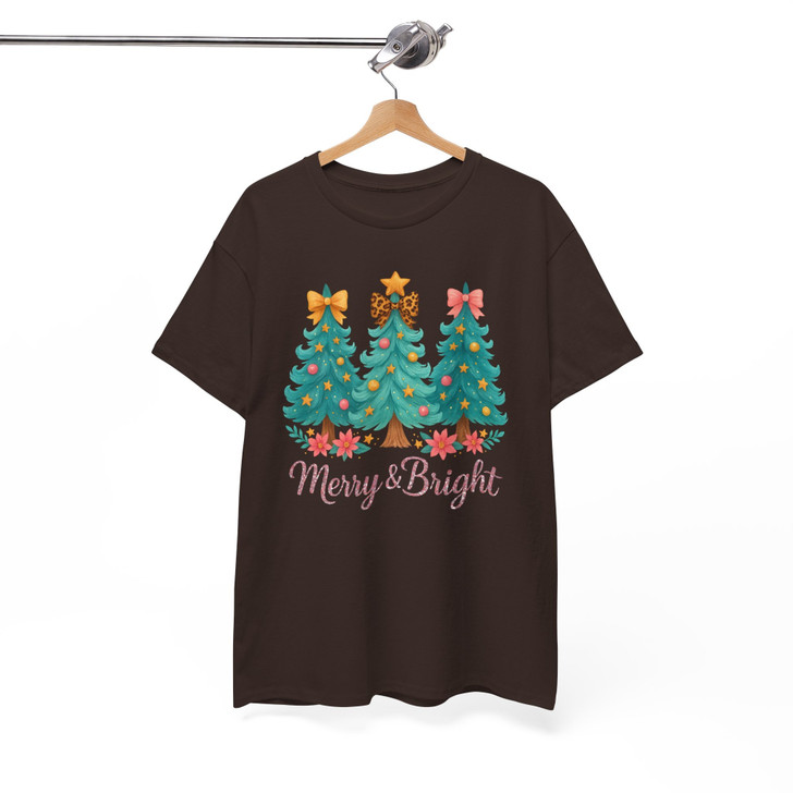 Merry And Bright Christmas Shirt, Three Trees Bow Cute Xmas Graphic T-Shirt S-5XL