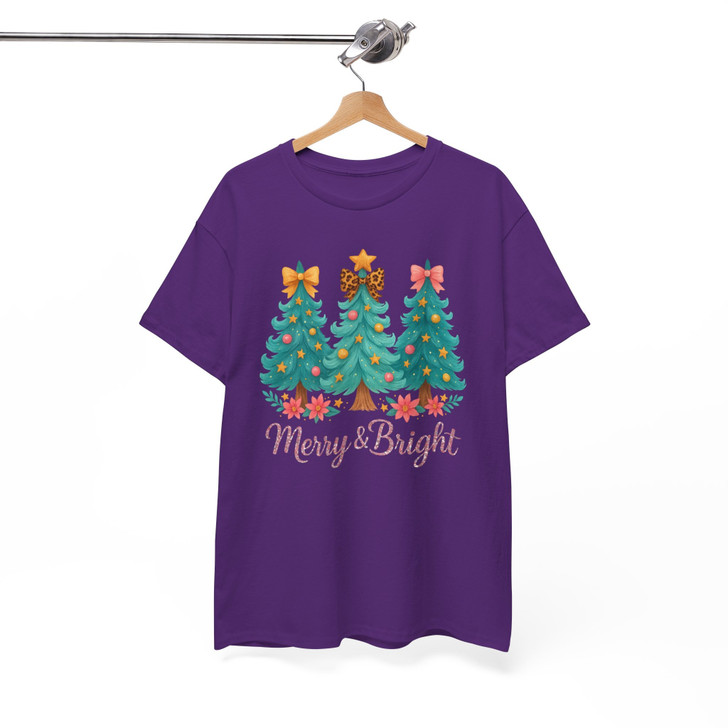 Merry And Bright Christmas Shirt, Three Trees Bow Cute Xmas Graphic T-Shirt S-5XL