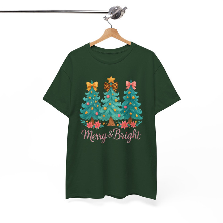 Merry And Bright Christmas Shirt, Three Trees Bow Cute Xmas Graphic T-Shirt S-5XL