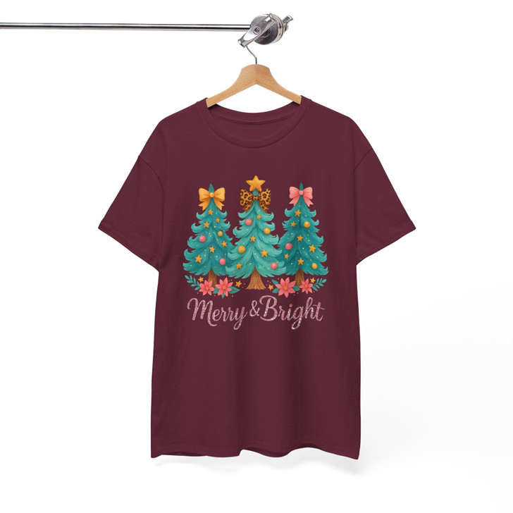 Merry And Bright Christmas Shirt, Three Trees Bow Cute Xmas Graphic T-Shirt S-5XL