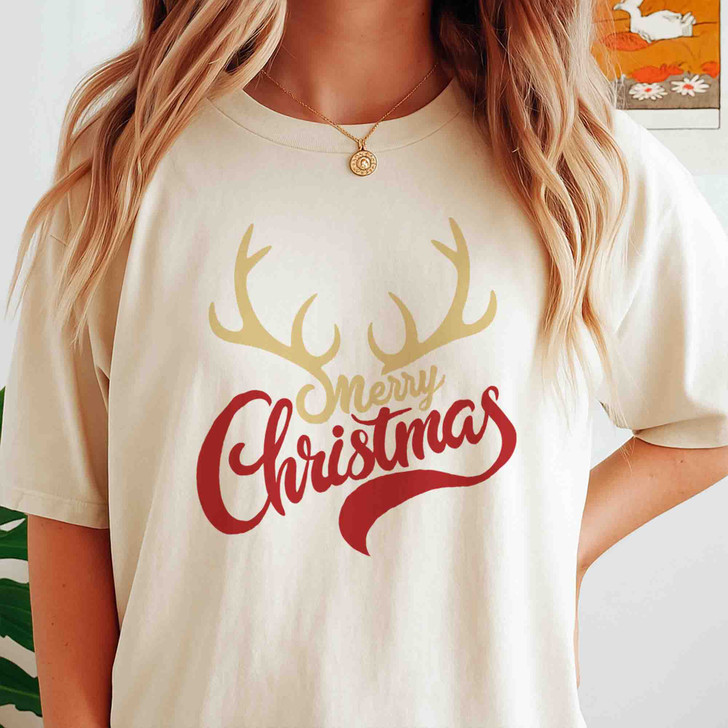 Merry Christmas Shirt, Reindeer Antlers Typography Holiday T-Shirt S-5XL