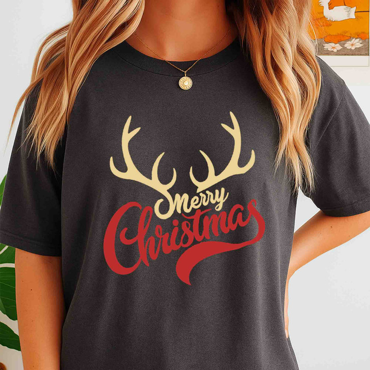 Merry Christmas Shirt, Reindeer Antlers Typography Holiday T-Shirt S-5XL
