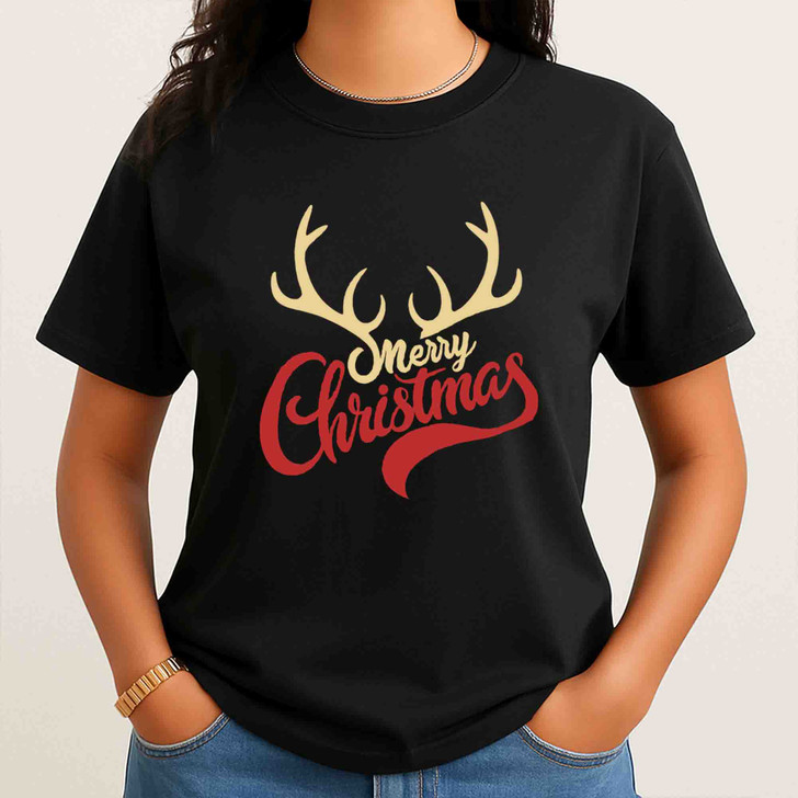 Merry Christmas Shirt, Reindeer Antlers Typography Holiday T-Shirt S-5XL