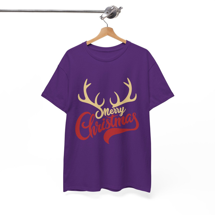 Merry Christmas Shirt, Reindeer Antlers Typography Holiday T-Shirt S-5XL