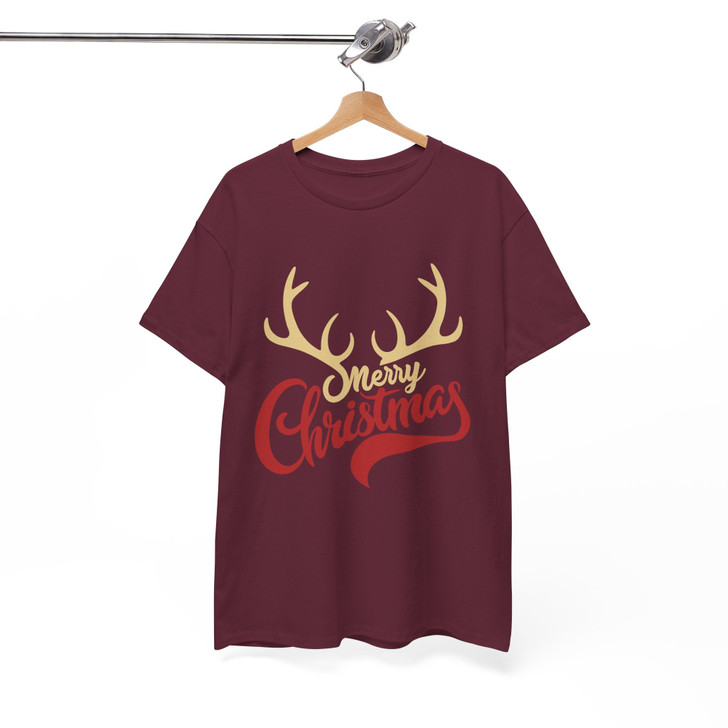 Merry Christmas Shirt, Reindeer Antlers Typography Holiday T-Shirt S-5XL