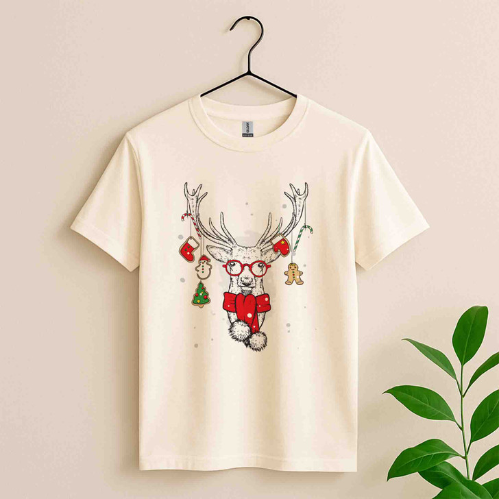 Christmas Reindeer Shirt, Cute Deer With Glasses Ornament T-Shirt S-5XL
