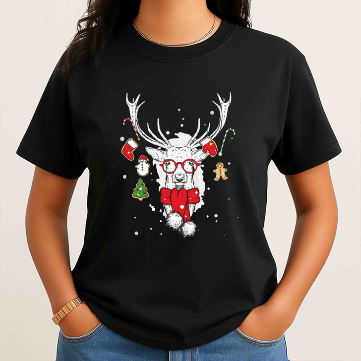 Christmas Reindeer Shirt, Cute Deer With Glasses Ornament T-Shirt S-5XL