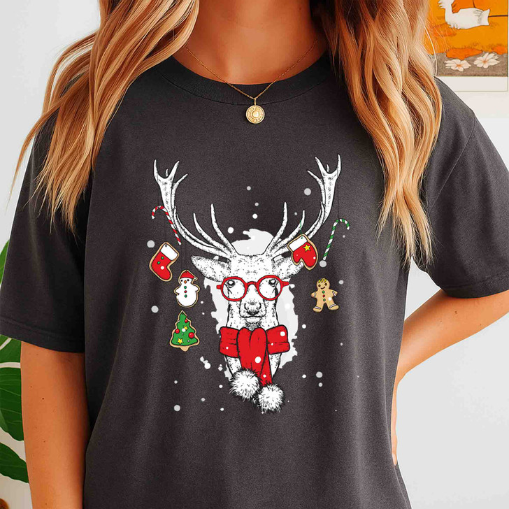 Christmas Reindeer Shirt, Cute Deer With Glasses Ornament T-Shirt S-5XL