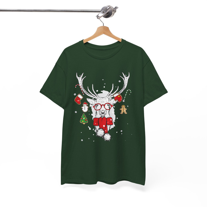 Christmas Reindeer Shirt, Cute Deer With Glasses Ornament T-Shirt S-5XL