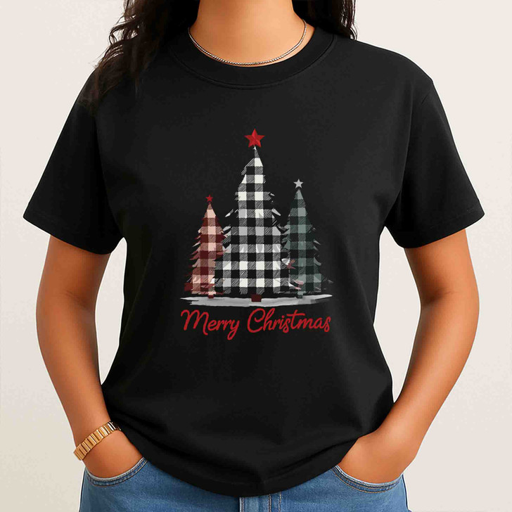 Buffalo Plaid Christmas Tree Shirt, Merry Christmas Farmhouse T-Shirt S-5XL