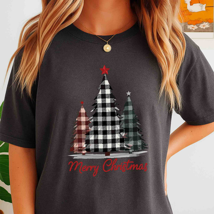 Buffalo Plaid Christmas Tree Shirt, Merry Christmas Farmhouse T-Shirt S-5XL