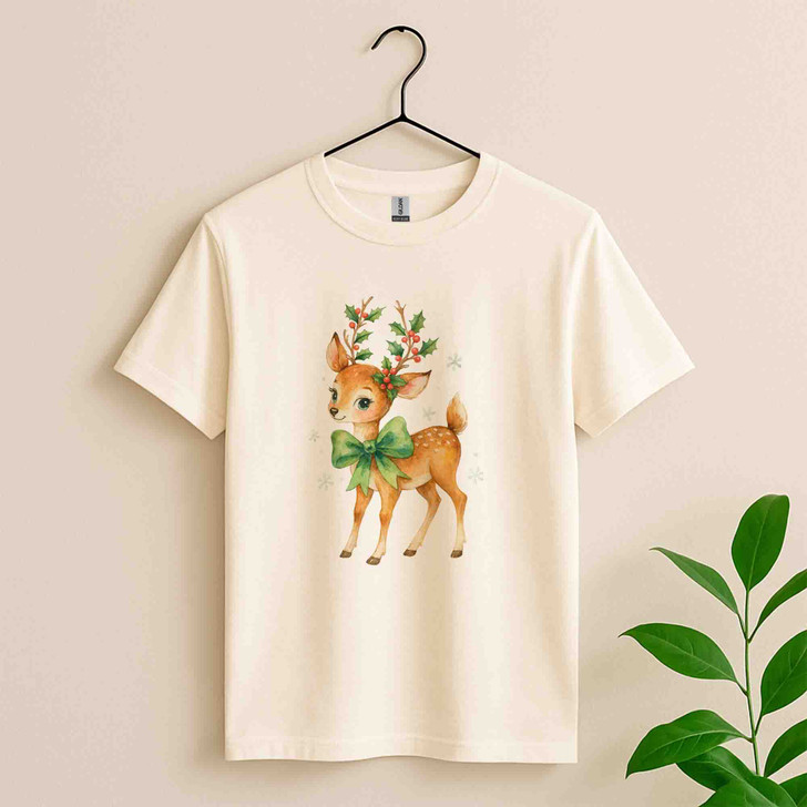 Cute Christmas Deer Shirt Watercolor Reindeer Bow Holiday Xmas Graphic Tee