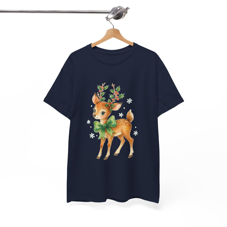 Cute Christmas Deer Shirt Watercolor Reindeer Bow Holiday Xmas Graphic Tee