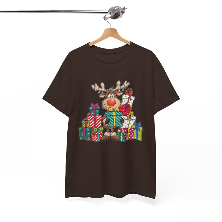 Cute Reindeer Christmas Shirt, Hand Drawn Rudolph With Gifts T-Shirt S-5XL