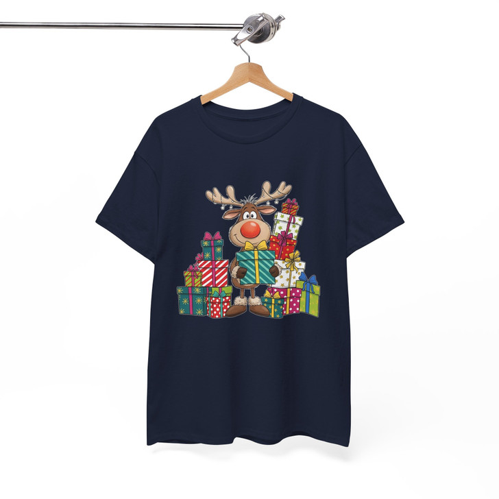 Cute Reindeer Christmas Shirt, Hand Drawn Rudolph With Gifts T-Shirt S-5XL