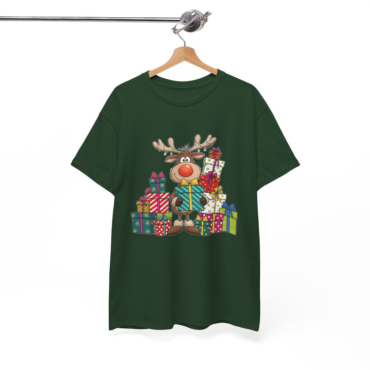 Cute Reindeer Christmas Shirt, Hand Drawn Rudolph With Gifts T-Shirt S-5XL