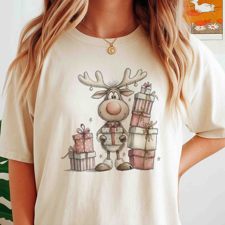 Cute Reindeer Christmas Shirt, Baby Deer Opening Gift Watercolor T-Shirt S-5XL
