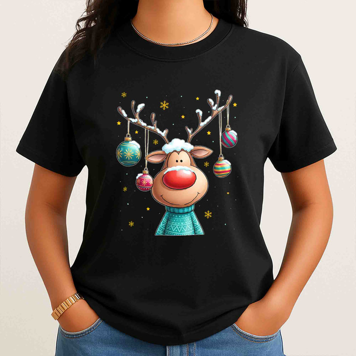 Cute Reindeer Christmas Shirt, Cartoon Rudolph With Ornaments T-Shirt S-5XL
