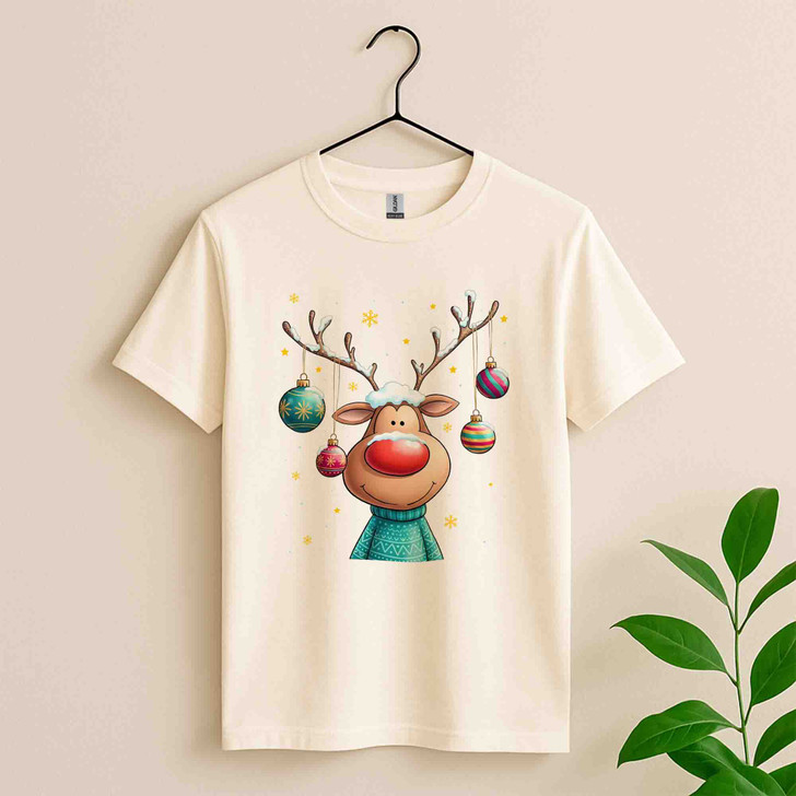 Cute Reindeer Christmas Shirt, Cartoon Rudolph With Ornaments T-Shirt S-5XL