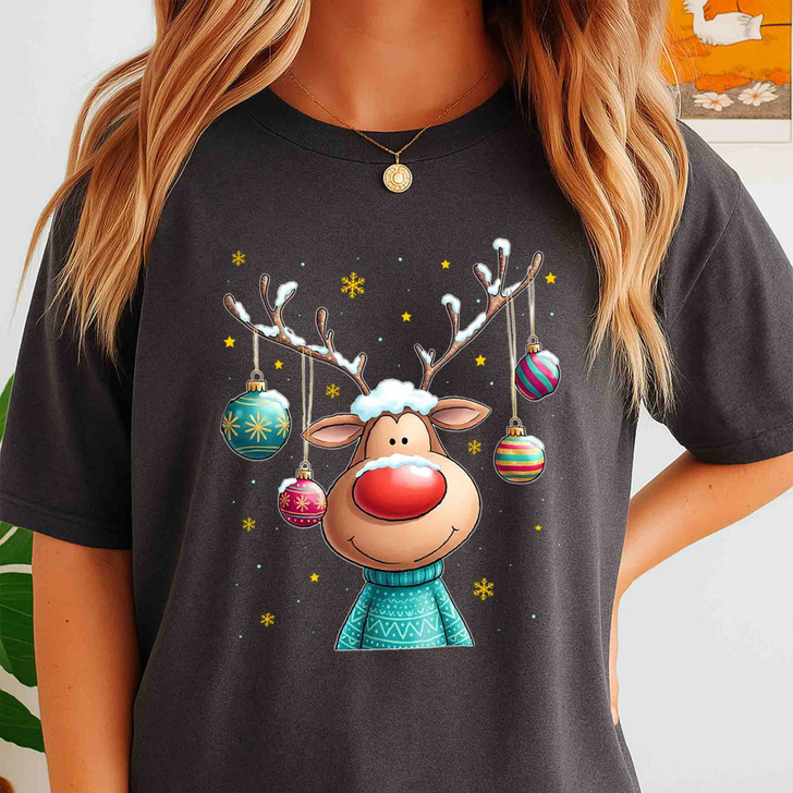 Cute Reindeer Christmas Shirt, Cartoon Rudolph With Ornaments T-Shirt S-5XL