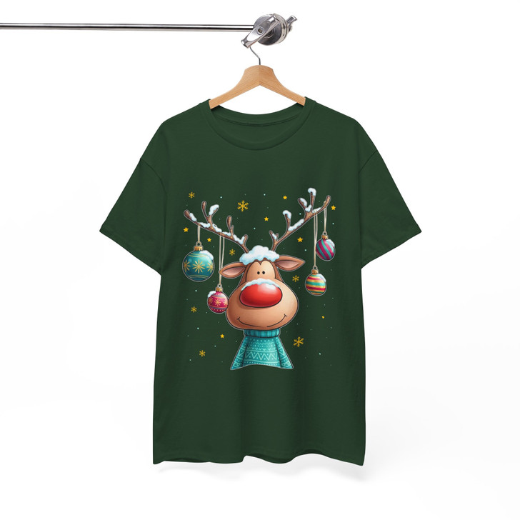 Cute Reindeer Christmas Shirt, Cartoon Rudolph With Ornaments T-Shirt S-5XL